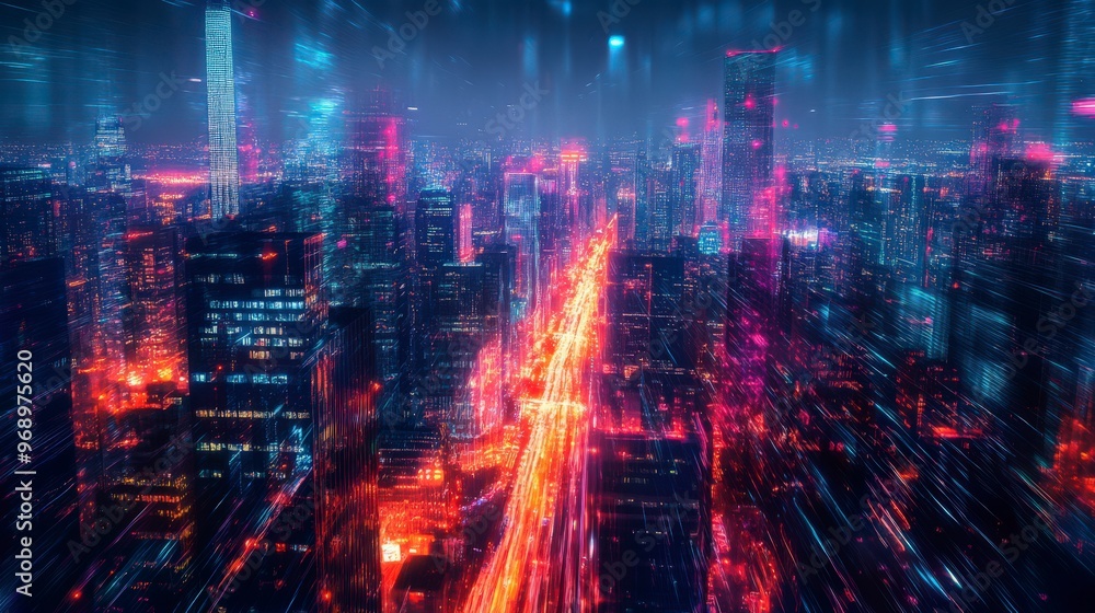 Fototapeta premium Abstract vibrant city skyline with dynamic lights and energy