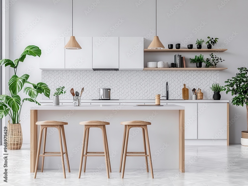 A minimalist kitchen with soft gray wallpaper featuring subtle geometric patterns, white cabinetry, and natural wood accents, Photorealistic, Cool tones A minimalist kitchen with soft gray wallpaper featuring subtle geometric patterns, white cabinetry, and natural wood accents, Photorealistic, Cool tones