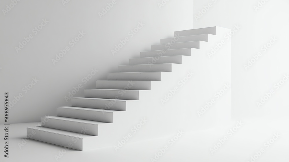 A white staircase leading upwards against a white wall. A white staircase leading upwards against a white wall.