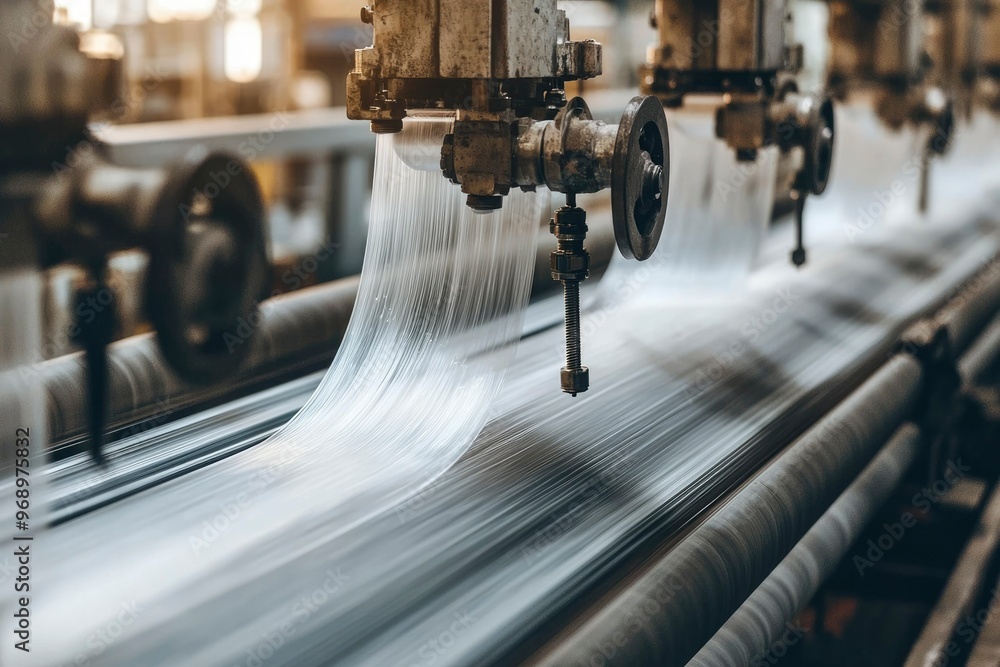 Fototapeta premium Close-up of an Industrial Machine Producing a Continuous Stream of White Threads