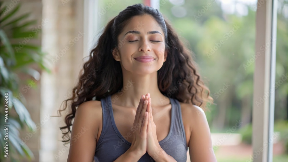 Happy calm young Hispanic woman holding hands on chest meditating doing yoga breathing exercises with eyes closed feeling gratitude, mental balance standing in green nature tropical park. Happy calm young Hispanic woman holding hands on chest meditating doing yoga breathing exercises with eyes closed feeling gratitude, mental balance standing in green nature tropical park.