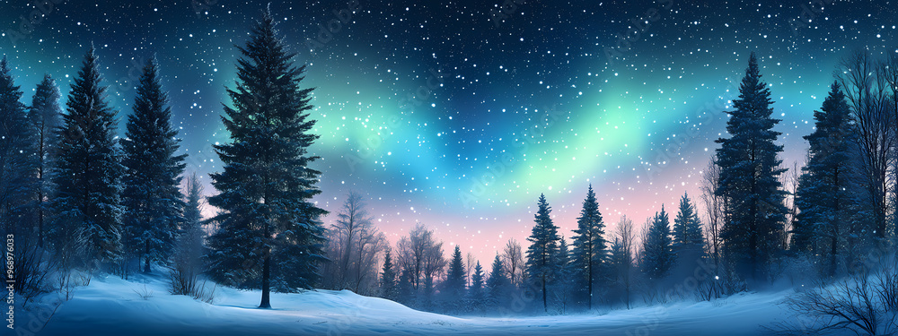 Fototapeta premium Snowy Forest with Bright Aurora