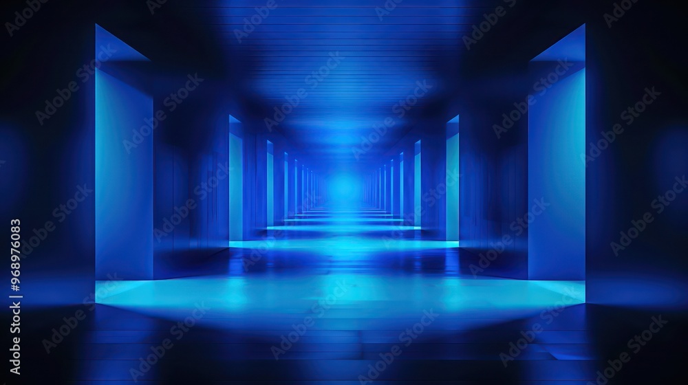 A futuristic blue-lit corridor creating a sense of depth and mystery. A futuristic blue-lit corridor creating a sense of depth and mystery.