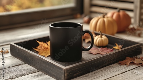 A cozy autumn morning with a black mug surrounded by colorful leaves and small pumpkins on a rustic wooden table