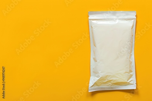 An empty white Lay's packet on a bright yellow background, right side empty for text.