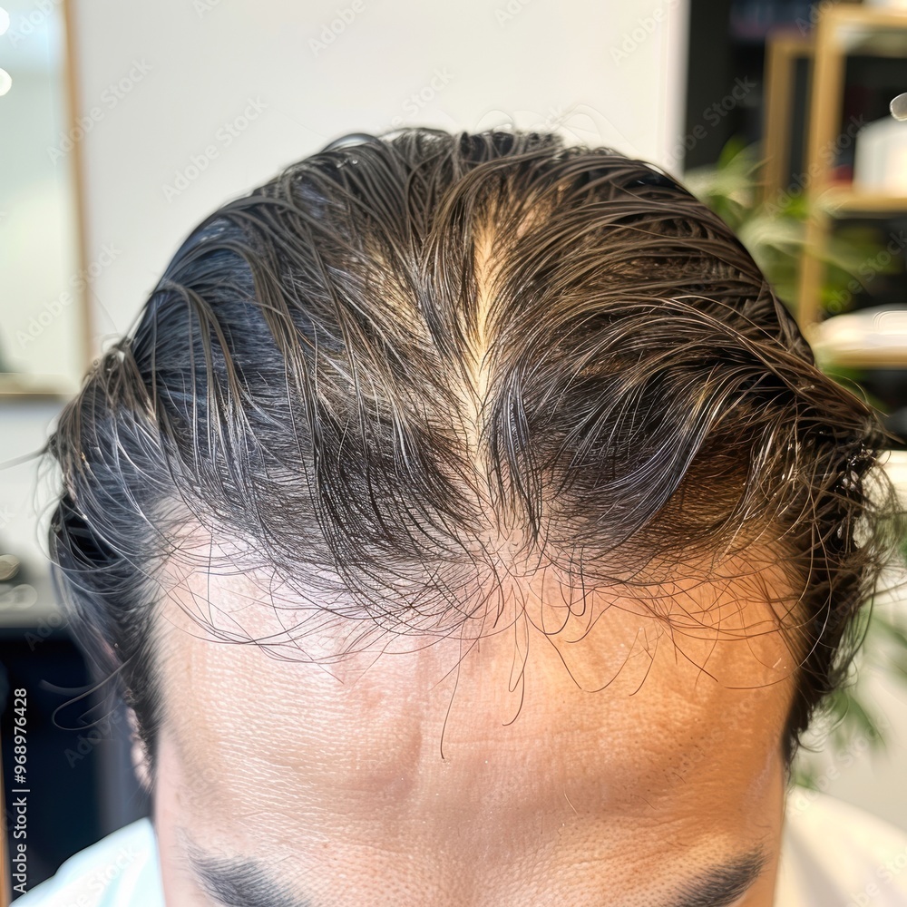 Naklejka premium Close-up of a man's scalp, highlighting thinning hair, Useful for illustrating hair loss, scalp treatments, and hair care products, The indoor setting suggests a clinical or salon environment,