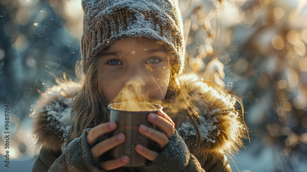 Fototapeta premium Portrait of a happy caucasian girl in winter clothes on a winter day. She is holding a cup of steaming hot tea.