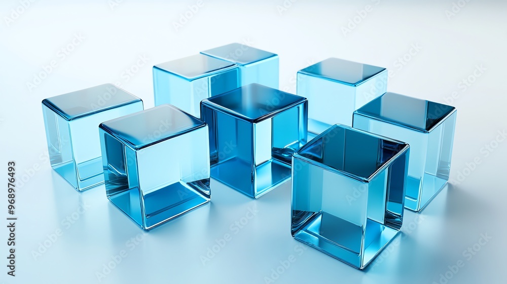 Several clear blue glass cubes stacked together. Several clear blue glass cubes stacked together.
