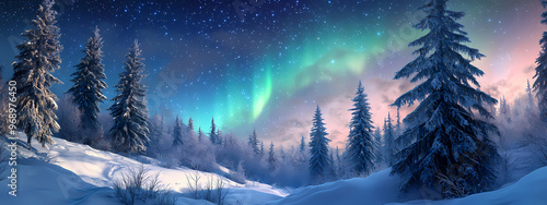 Snowy Forest with Bright Aurora