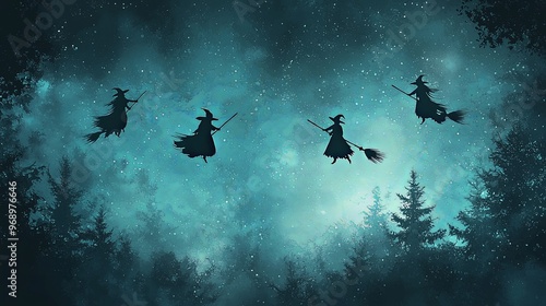 Four witches ride their broomsticks against a backdrop of a starry night sky, casting a magical and mystical ambiance with silhouetted treetops below.