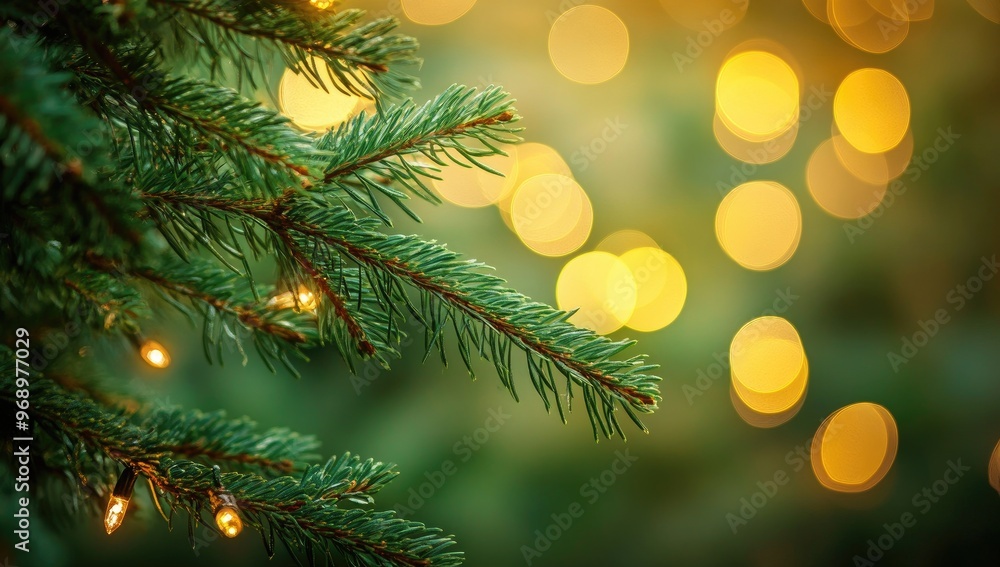 Christmas Tree Branches with Green and Yellow Bokeh Lights, Blurred Background and Copy Space for Festive Banner Design Christmas Tree Branches with Green and Yellow Bokeh Lights, Blurred Background and Copy Space for Festive Banner Design
