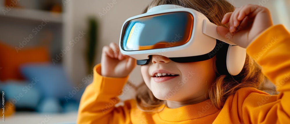 A smiling child wearing a VR headset, immersed in a virtual experience perfect for use in tech blogs, educational content, and advertising VR products, A smiling child wearing a VR headset, immersed in a virtual experience perfect for use in tech blogs, educational content, and advertising VR products,