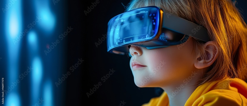 A child wearing augmented reality glasses, immersed in a virtual world, with bright blue lights in the background ideal for technology, education, or futuristic themes, A child wearing augmented reality glasses, immersed in a virtual world, with bright blue lights in the background ideal for technology, education, or futuristic themes,
