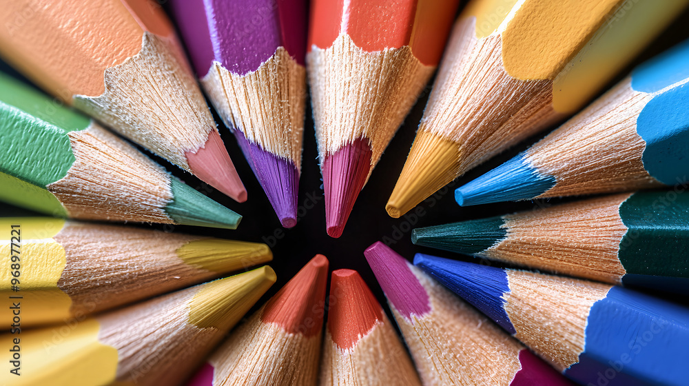A set of brightly colored pencils arranged in a circular pattern. A set of brightly colored pencils arranged in a circular pattern.