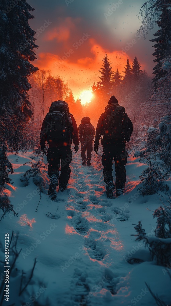 Fototapeta premium Adventurers walking through snowy forest at sunset, vibrant sky and pine trees create breathtaking winter landscape.