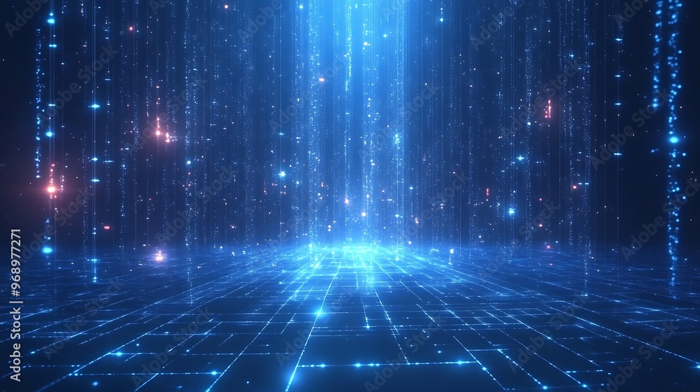A captivating digital landscape featuring cascading blue lights and grid patterns, perfect for futuristic themes and technology visuals. A captivating digital landscape featuring cascading blue lights and grid patterns, perfect for futuristic themes and technology visuals.