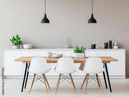 A sleek, minimalist kitchen with soft beige wallpaper featuring abstract line drawings, white cabinetry, and a simple wooden dining table, 3D rendering, Natural tones