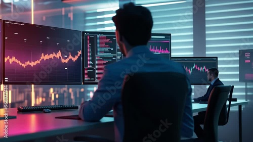 trader at computer looking at digital stock exchange charts, electronic trading on the stock exchange