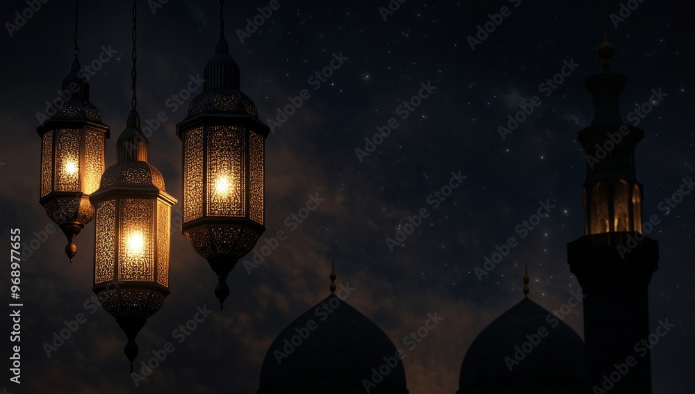 Obraz premium Luminous lanterns dangling from a tree with blurred lights behind them
