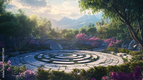 Garden labyrinth bathed in eclipse light photo