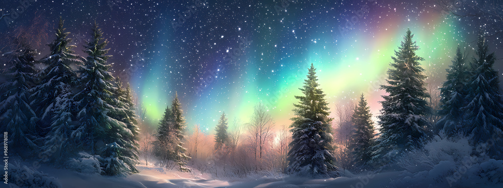 Snowy Forest with Bright Aurora Snowy Forest with Bright Aurora