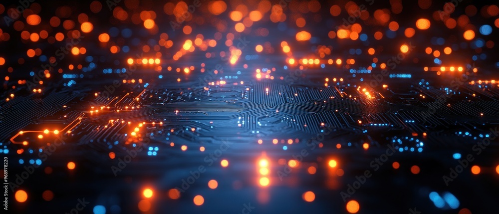 Fototapeta premium Circuit Board with Glowing Orange and Blue Lights