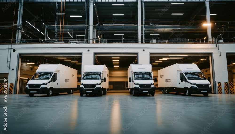 Four White Delivery Vans Parked Inside a Modern Distribution Warehouse, Ready For Shipment
