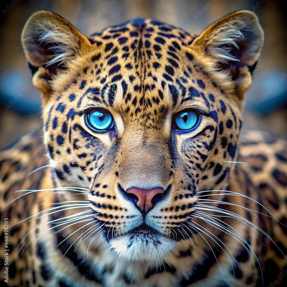 Close-up of a Leopard with Piercing Blue Eyes Against a Blurred Background Close-up of a Leopard with Piercing Blue Eyes Against a Blurred Background