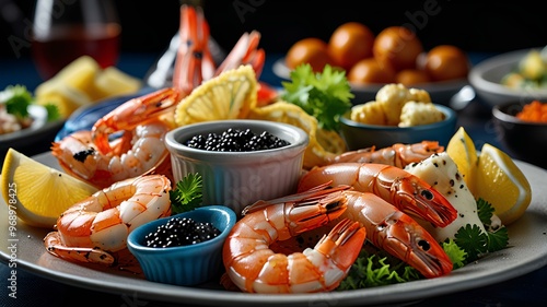 Exquisite seafood platter, with fresh shrimps, caviar and various side dishes, rich in color.