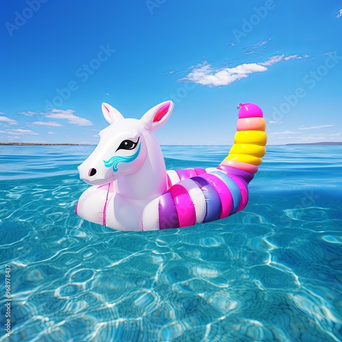 A cheerful pink unicorn pool float drifting in the sparkling blue ocean water under a bright sun