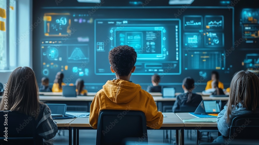 Futuristic AI-powered classrooms offering personalized learning experiences: Classrooms where AI customizes lessons for each student's learning style and pace. Futuristic AI-powered classrooms offering personalized learning experiences: Classrooms where AI customizes lessons for each student's learning style and pace.