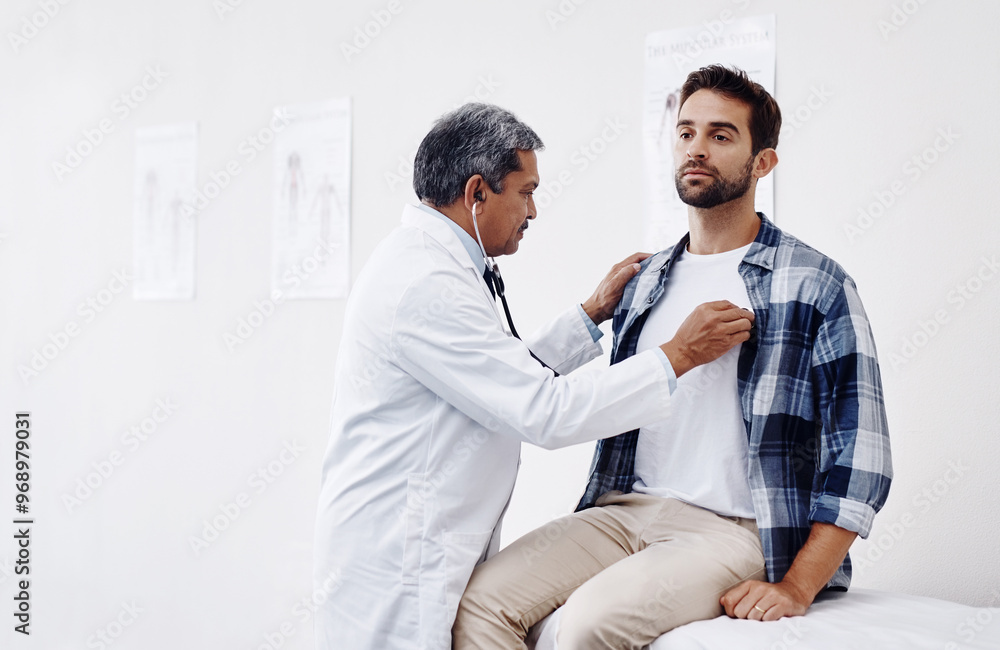 Men, doctor and patient with stethoscope for checkup, consultation and healthcare at hospital. People, medical practitioner and clinic for exam, help and support with help for heart rate and recovery Men, doctor and patient with stethoscope for checkup, consultation and healthcare at hospital. People, medical practitioner and clinic for exam, help and support with help for heart rate and recovery