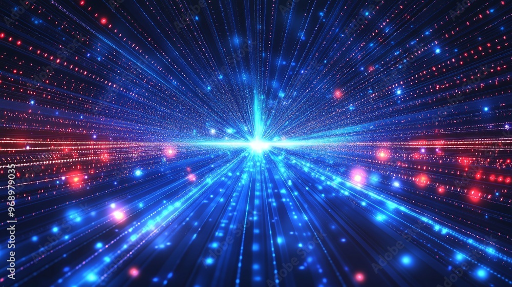 Obraz premium A dynamic visual of blue and red light beams radiating from a central point, creating an energetic and futuristic atmosphere.