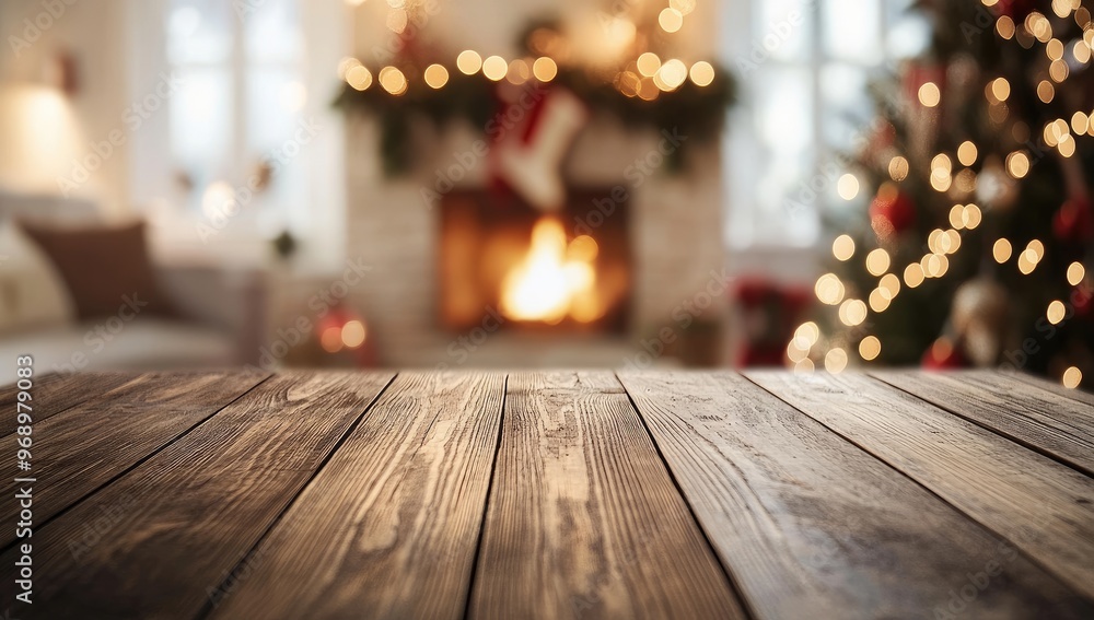 Empty Wooden Table Top with Blurred Cozy Home Interior, Fireplace, and Decorated Christmas Tree for Festive Product Display Empty Wooden Table Top with Blurred Cozy Home Interior, Fireplace, and Decorated Christmas Tree for Festive Product Display