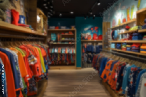 Blurred background of a kid's clothing store, showcasing shelves and displays of children's apparel in a retail setting.