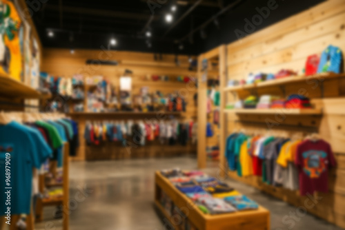 Blurred background of a kid's clothing store, showcasing shelves and displays of children's apparel in a retail setting.