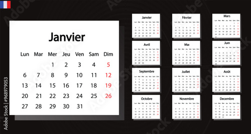 french calendar for 2025 vector, 2025 Calendar in French language