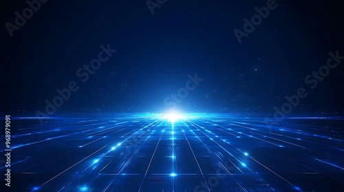 A futuristic blue abstract background featuring glowing lines converging towards a bright light, ideal for technology themes.