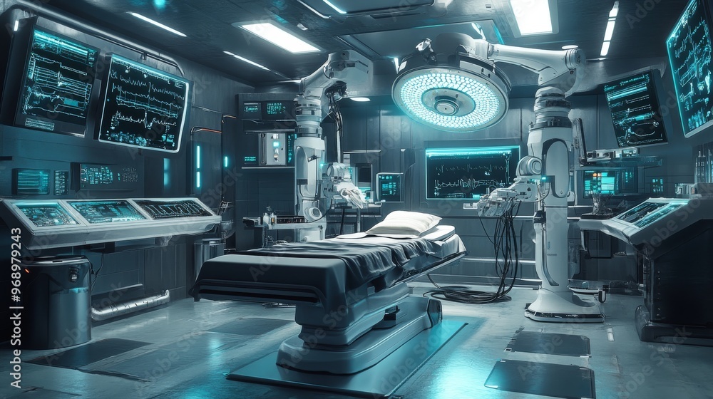 Autonomous AI-driven robotic surgeons performing complex medical procedures: A futuristic operating room where robots, guided by AI, conduct intricate surgeries with high precision. Autonomous AI-driven robotic surgeons performing complex medical procedures: A futuristic operating room where robots, guided by AI, conduct intricate surgeries with high precision.