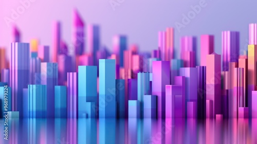 A vibrant, abstract cityscape with colorful geometric buildings reflecting light, creating a futuristic atmosphere.