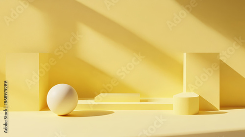 Abstract minimalistic compositions with soft shapes: smooth spheres and rounded elements on pastel backgrounds photo