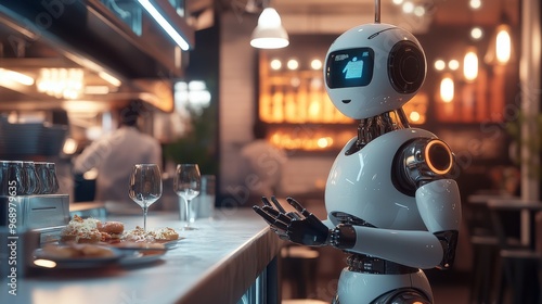 Autonomous AI-driven robotic waiters using facial recognition to remember customers' orders: Waiters using AI to greet customers by name and offer personalized meal suggestions.