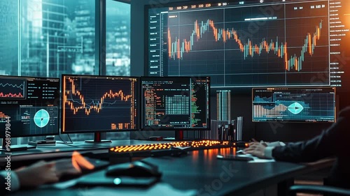 traders office, digital stock exchange charts on screens, electronic trading on the stock exchange