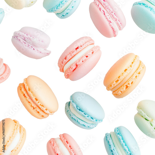 Colorful pastel macarons arranged in a flat lay on a pristine white surface, showcasing an array of sweet treats in delightful pink, blue, and orange shades.