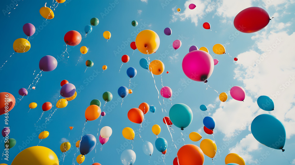 A vibrant array of colorful balloons floating against a clear blue sky. A vibrant array of colorful balloons floating against a clear blue sky.