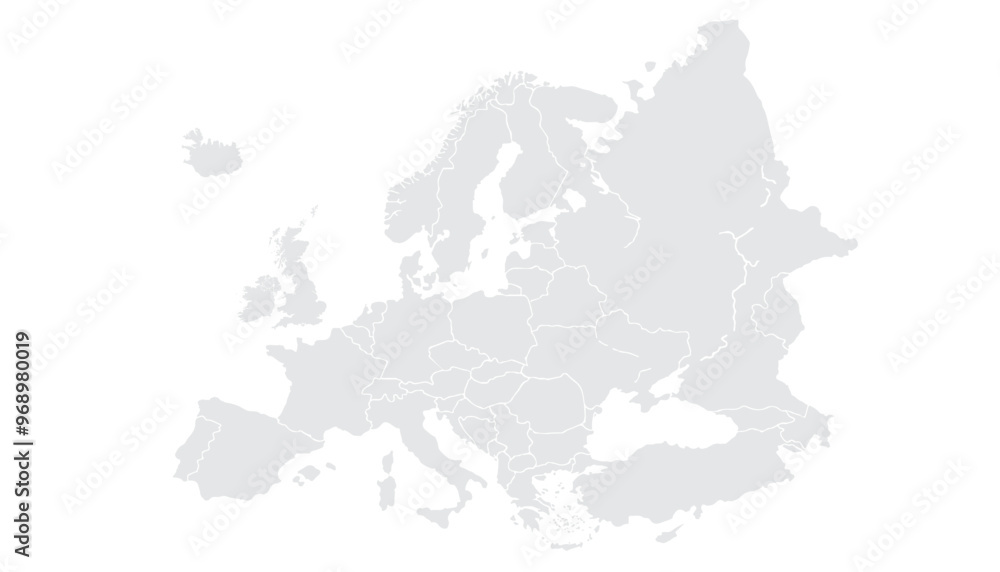 Illustration of a Colored map of Europe.Europe map on white background. Europe template with continents, North and South America, Europe and Asia, Africa and Australia.Grey blank Europe map. Illustration of a Colored map of Europe.Europe map on white background. Europe template with continents, North and South America, Europe and Asia, Africa and Australia.Grey blank Europe map.