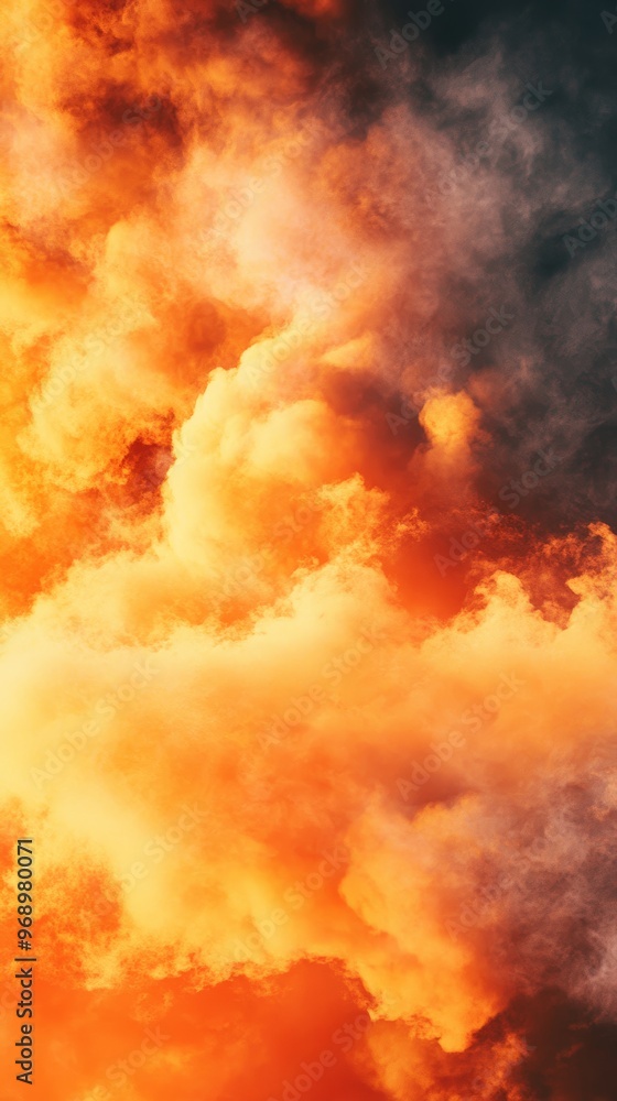 Fiery orange and dark clouds in the sky at sunset, dramatic atmosphere. Nature and weather concept Fiery orange and dark clouds in the sky at sunset, dramatic atmosphere. Nature and weather concept