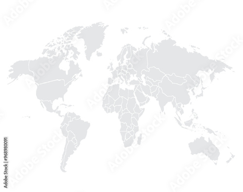 Illustration of a Colored map of world.World map on white background. World map template with continents, North and South America, Europe and Asia, Africa and Australia.Grey blank world map.