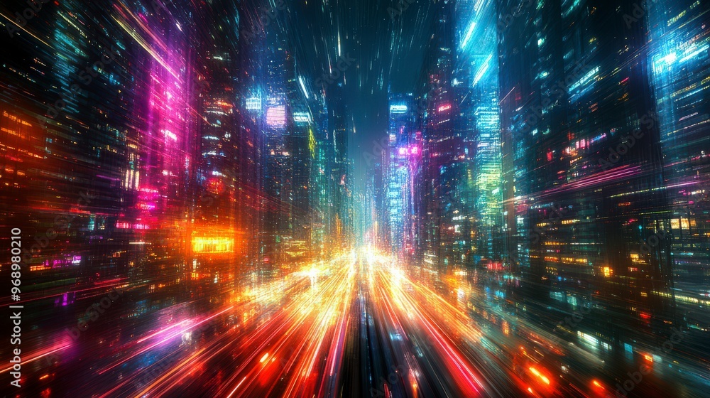 Naklejka premium Abstract vibrant city skyline with dynamic lights and energy