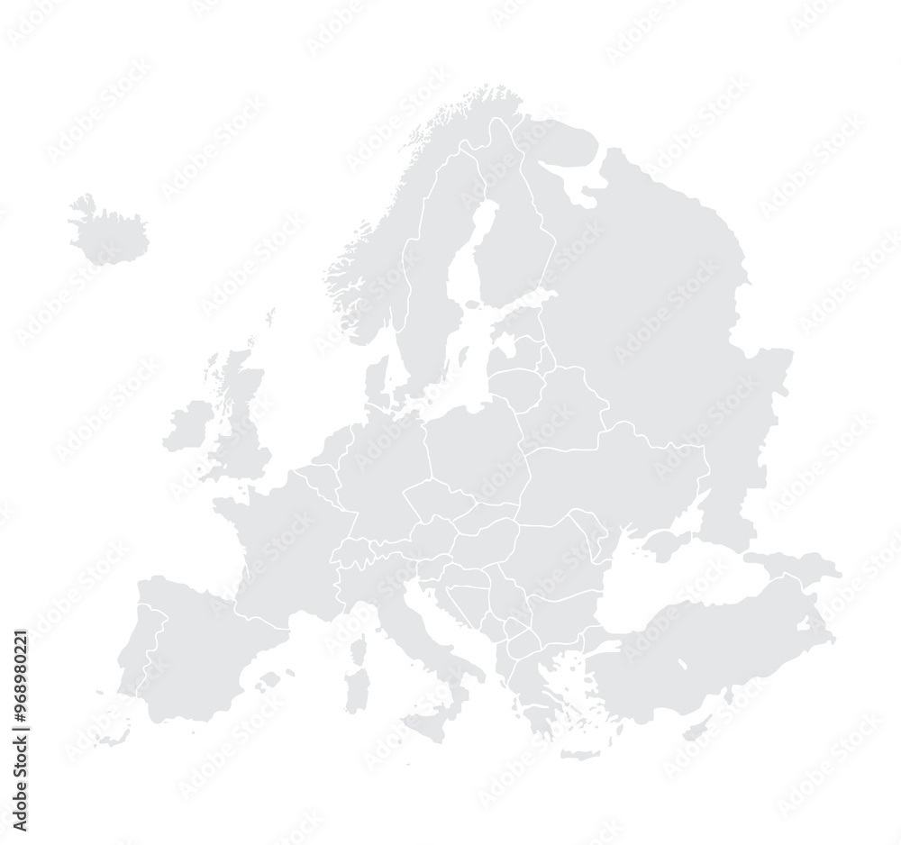 Illustration of a Colored map of Europe.Europe map on white background. Europe template with continents, North and South America, Europe and Asia, Africa and Australia.Grey blank Europe map. Illustration of a Colored map of Europe.Europe map on white background. Europe template with continents, North and South America, Europe and Asia, Africa and Australia.Grey blank Europe map.